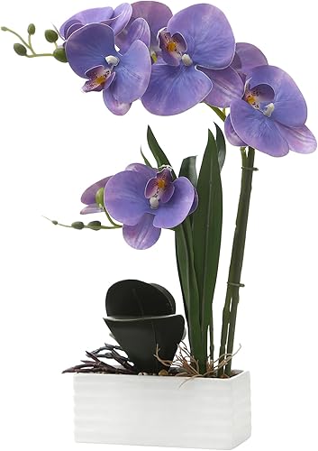 Vista 50 de Flores artificiales de orquídea de tacto real en maceta, flor falsa de Phalaenopsis con jarrón de cerámica blanca, arreglo de orquídeas sintéticas