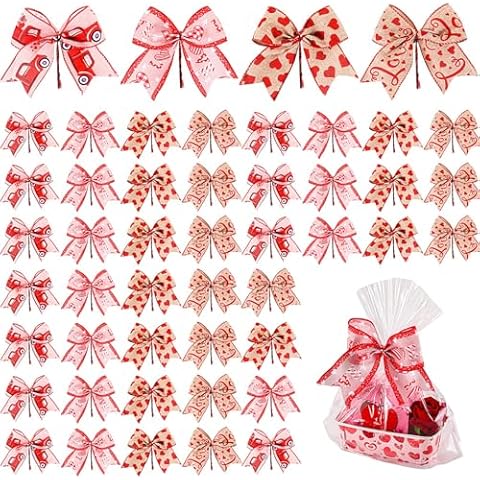 Daifunli 48 Pcs 6 Inch Valentine's Day Bows for Wreath Valentine's Love Heart Bows Bulk Red and Pink Gift Bows for Valentine's Day Gift Wrapping Holiday Basket Ornaments Party Decor (Cute Style) Cover