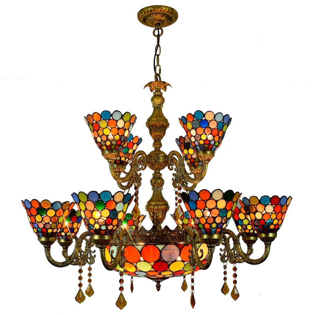 FYZDLAOR 12+1-Light Chandelier,with Vintage Stained Glass Lampshade Pendant Light Light Fixtures,Tiffanystyle Stained Glass Hanging Light Wide 36 Inch with Crystal Pendant