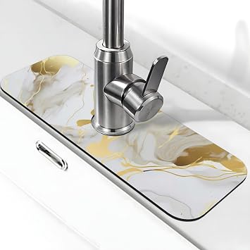 Faucet Mat for Kitchen Sink Marble Golden Texture Absorbent Quick Dry Dish Drying Mat Sink Splash Guard Non Slip Faucet Mat for Bathroom Counter