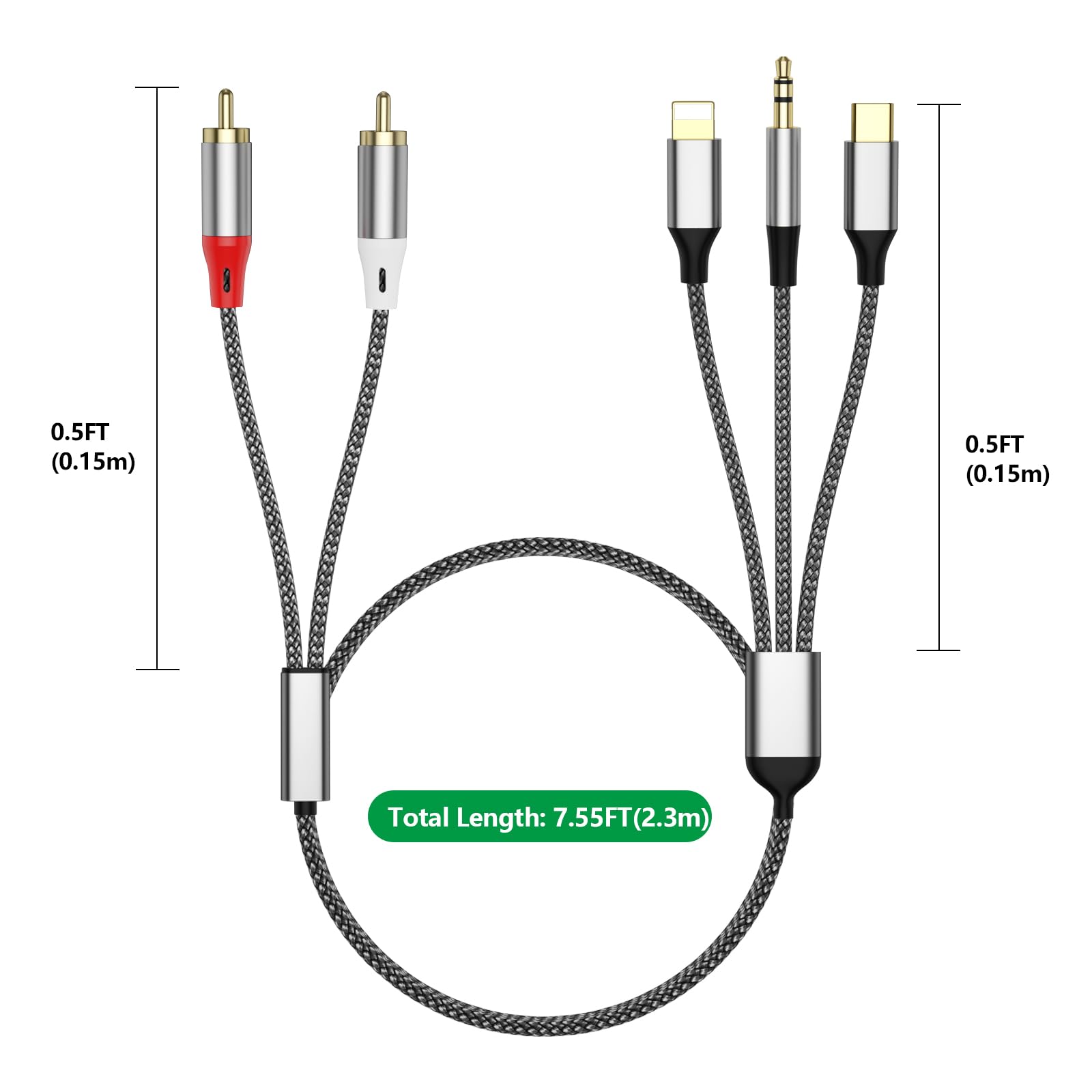 Cavo Audio RCA 3 In 1 Da 2.3m - Per Lightning, USB C E AUX A RCA Per Altoparlanti E Auto