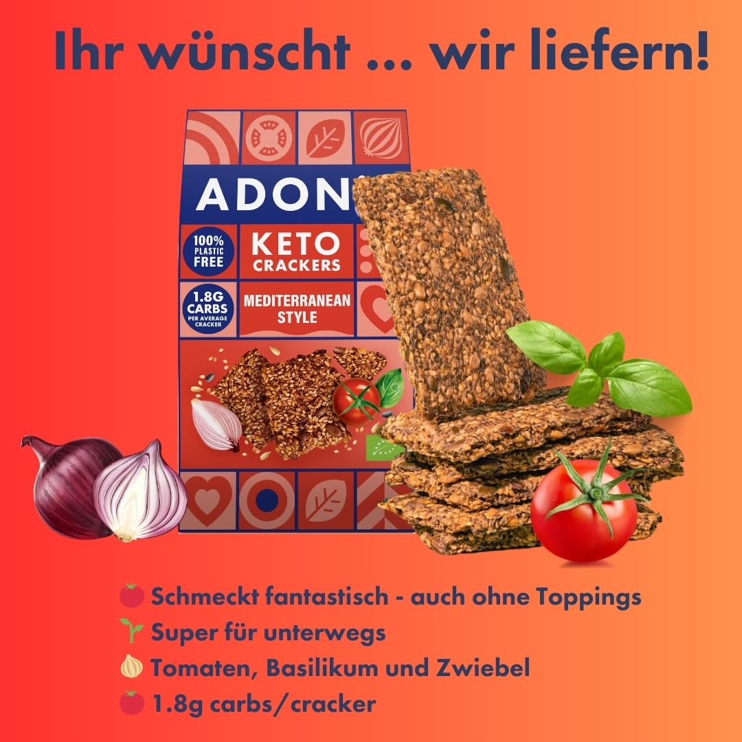 Adonis Keto Mediterrane Crackers (10 x 60 g Packung) | Vegan-freundlich | 100% natürlich | Glutenfrei, palmölfrei, laktosefrei | Gesunder Snack (Mediterran)