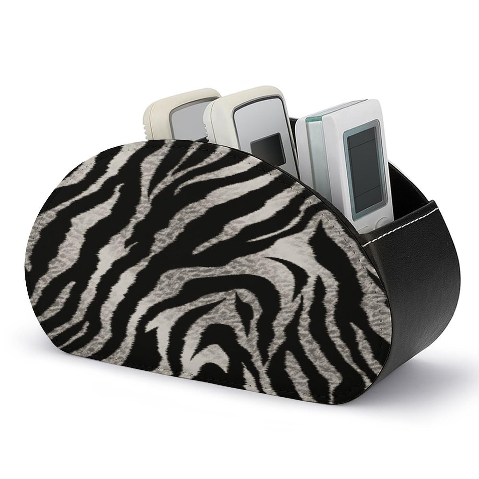 VstaDank Black And White Zebra Print Remote Control Holder with 5 Compartments PU Leather TV Remoter Caddy Desktop Organizer TV Remote Holder Remote Box for Media Controllers Office Supplies