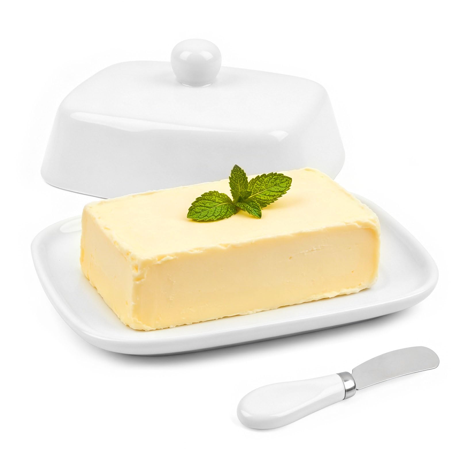 Butterdose Keramik mit Buttermesser– Weiße Porzellan Butterdose für 250g Butter, Mit Deckel für Frischehaltung
