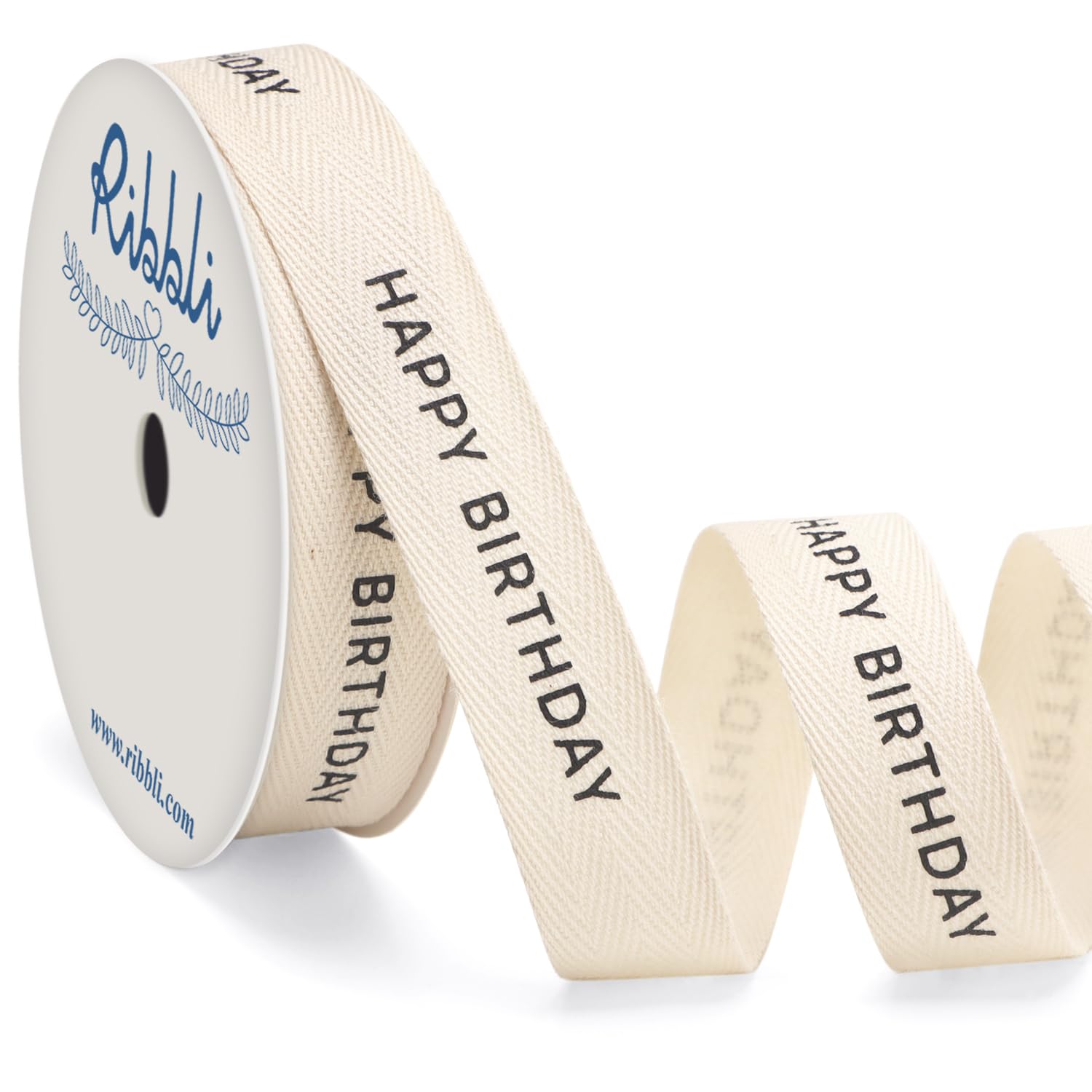 Photo 1 of Ribbli Cotton Twill Tape Ribbon - Black Happy Birthday, 5/8 Inch x 10 Yard