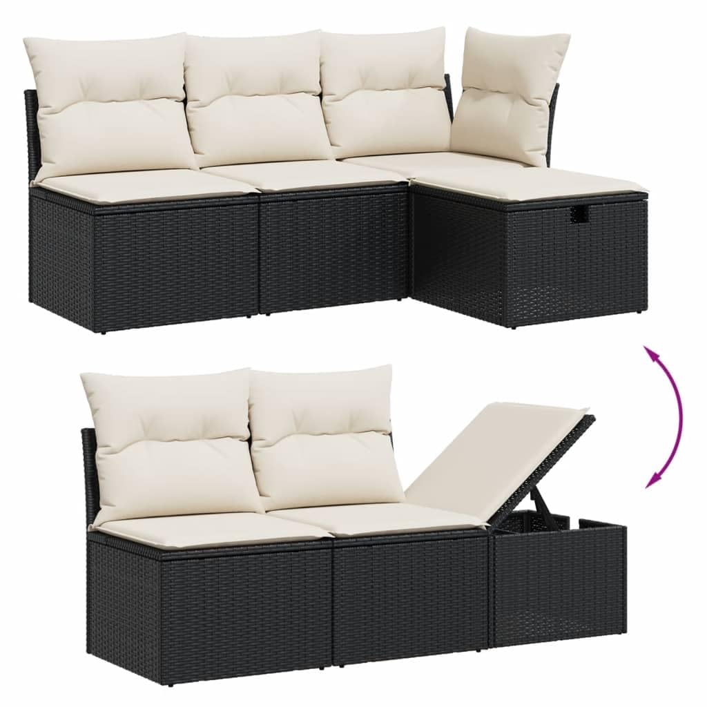 Juego de 6 sofás de jardín de polirratán negro con mesa regulable en altura de madera de acacia, conjunto de asientos modulares para terraza, balcón, patio, incluye cojines de asiento y