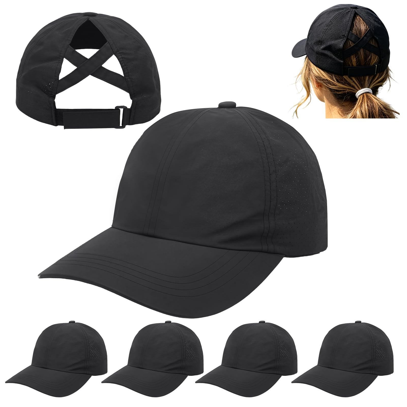 6 gorras de béisbol de malla para mujer con tiras cruzadas para cola de caballo