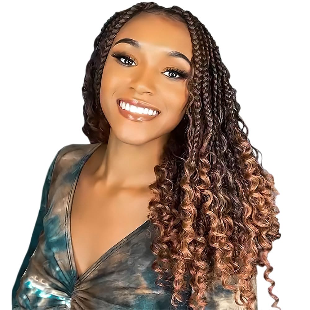 CISINPO 9 Packs Goddess Box Braids Crochet Hair 18 Inch Boho Box Braids with Curly Ends Synthetic Crochet Hair for Women, T30/Ombre Medium Dark Brown