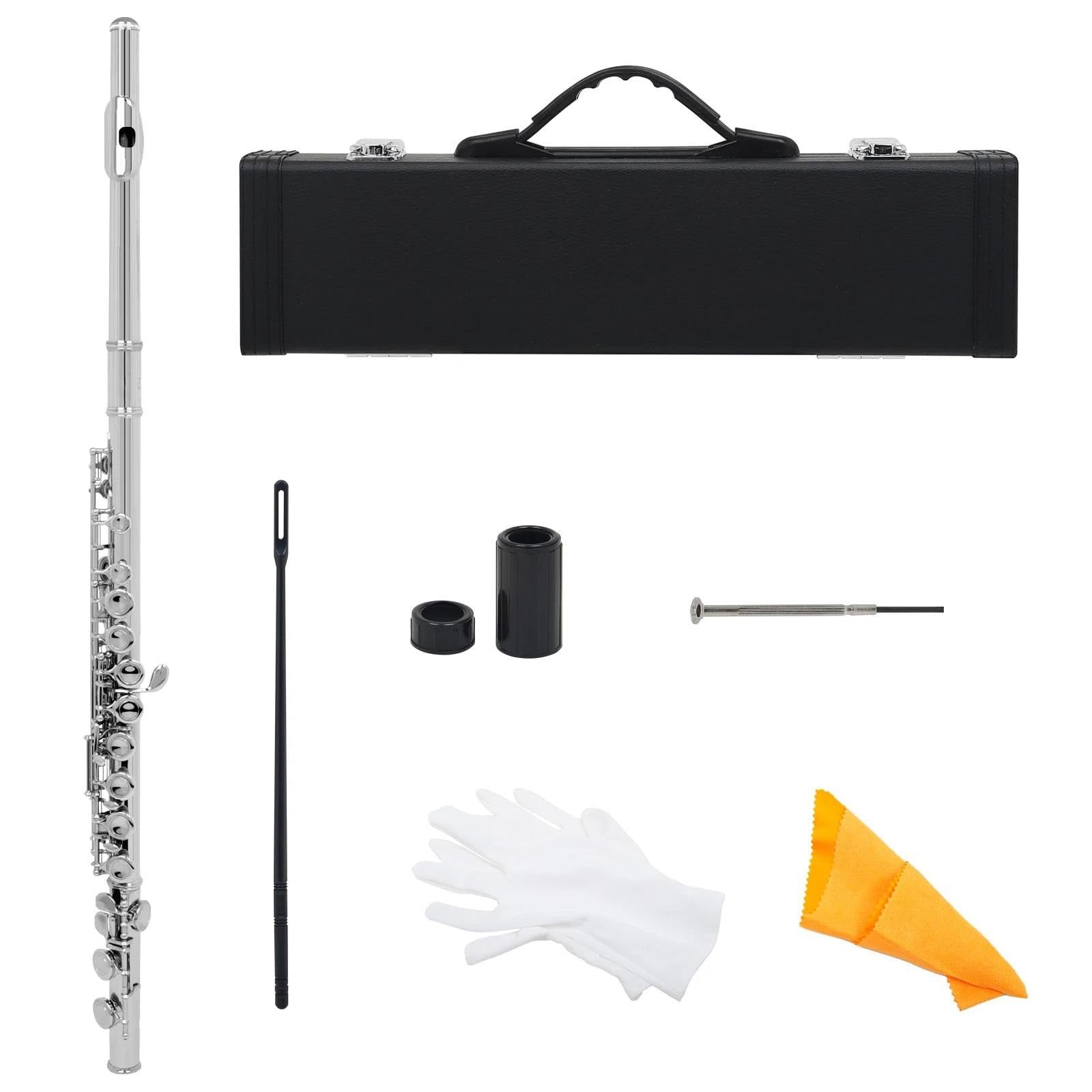 Querflöte Anfänger 16 Geschlossene Offene Löcher C-Taste Professionelles Querflöten-Konzertmusikinstrument Mit Box-Tuch-Stick-Handschuhen