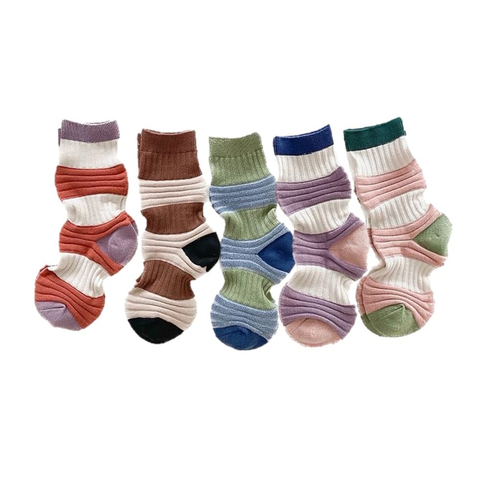 SLAKOP Casual Compression Socks for Women 5 Pairs Pleats Cotton Ergonomic Socks for Teens Grils Above Ankle Crew Athletic Socks (Clashing Colors (5 Pairs))