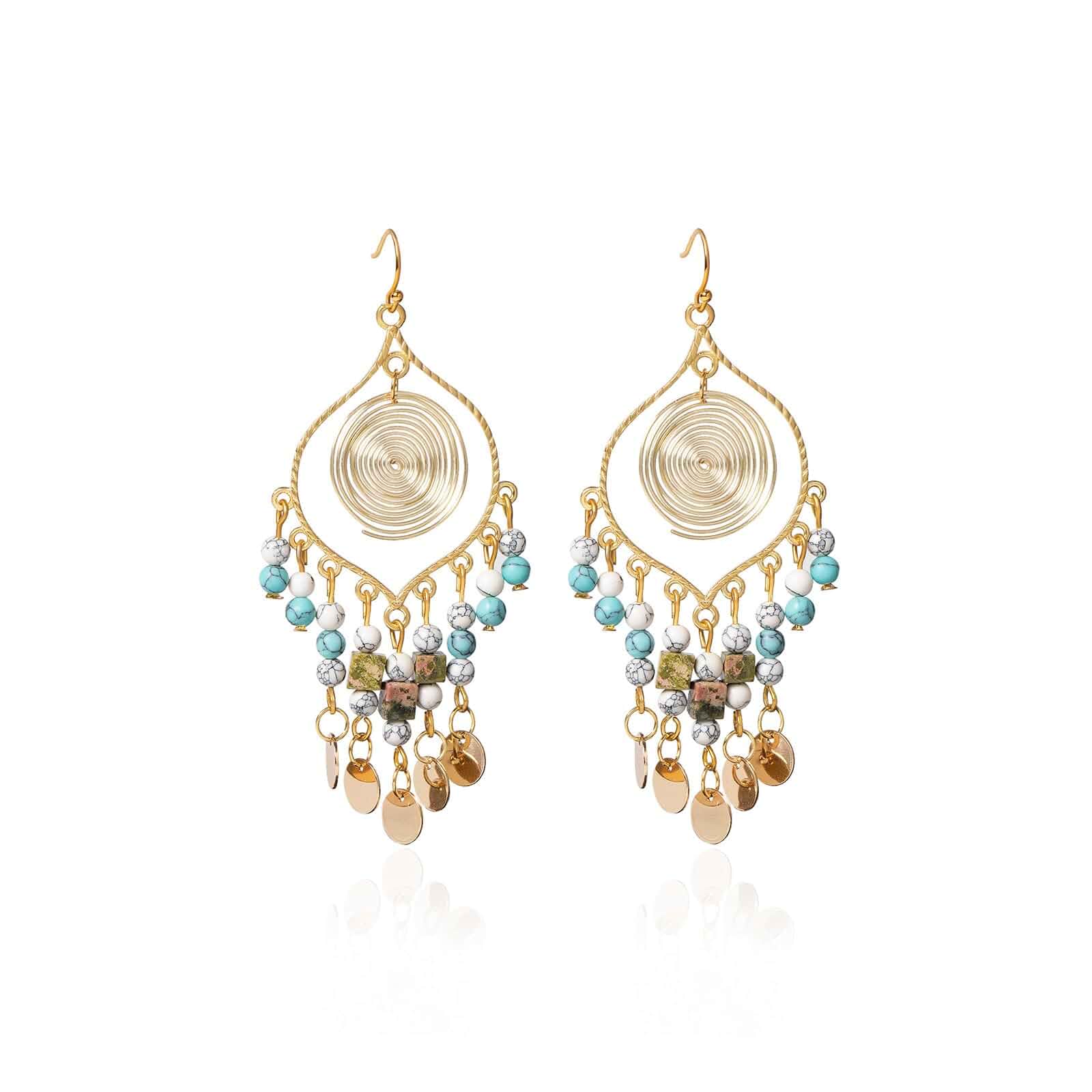 Bohemian Long Tassel Turquoise Beads Water Drop Dangle Earrings For Women Vintage Sbb Copper Coil Necklace Mujer Exaggerated Earring