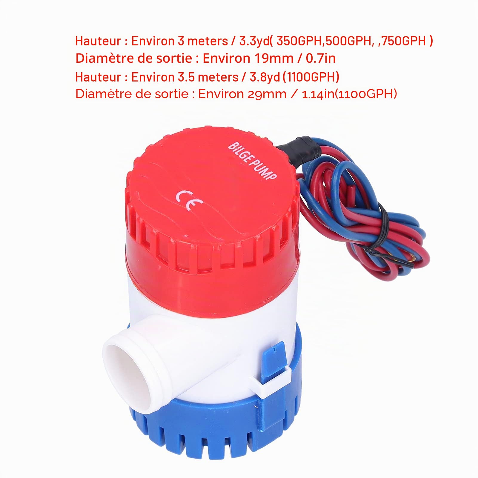 Pompe de Cale 12 V/24 V 350/500/750/1100 GPH, Pompe de Cale à Faible Bruit, Interrupteur Semi-automatique Petite Pompe Submersible électrique pour Vidange Fournir de L'énergie(24V-500 GPH)