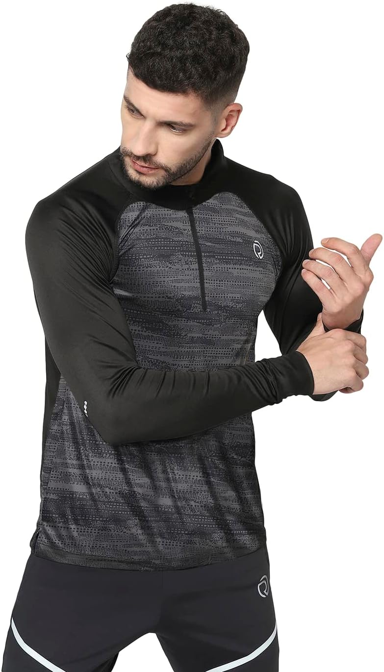 TRUEREVOMens Full Sleeve Black Zipper T Shirt Sports Dry Fit Running Tee for Winter Workout Gym Training