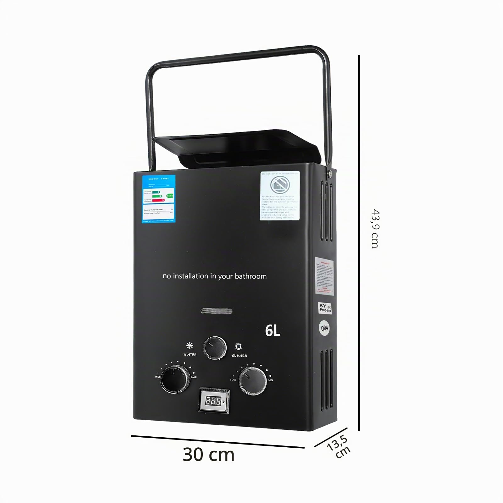 Chauffe-Eau Gaz Instantané Portable 6L, Chauffe Eau Camping Car avec Écran Numérique, 12KW Charge Thermique, Allumage Automatique à Pile, Pour Camping & Extérieur (noir)