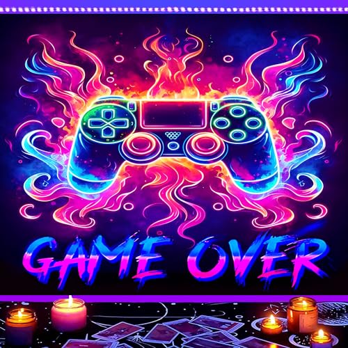 Manicer LK37M Blacklight Gaming Tapestry, Cool Neon Game Controller Wall Hanging For Boys Teens, Uv Reactive Game Over Abstract Art 3D Gaming Poster Tapestries thumb #1