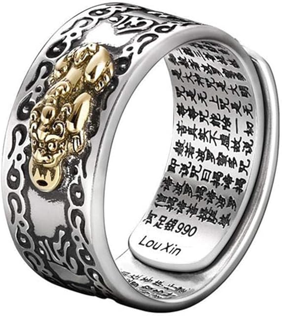 NNGT 99 Silver PiXiu Buddhist Heart Sutra Ring for Men Women,Feng Shui Ring Opening Adjustable Mantra Amulet Wealth Luck Ring Gift