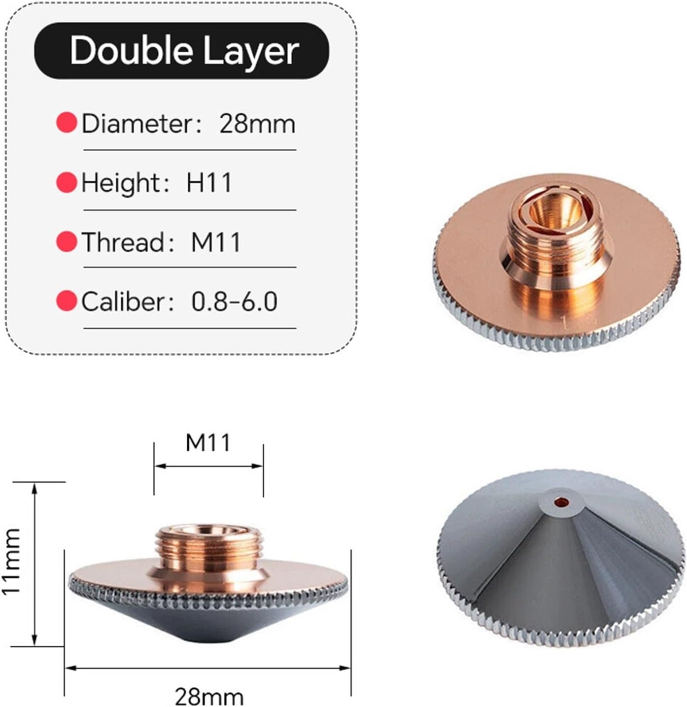 Nozzle For Fiber Laser D28 M11 H15 Single Double Caliber 0.8-6.0mm 1Pcs
