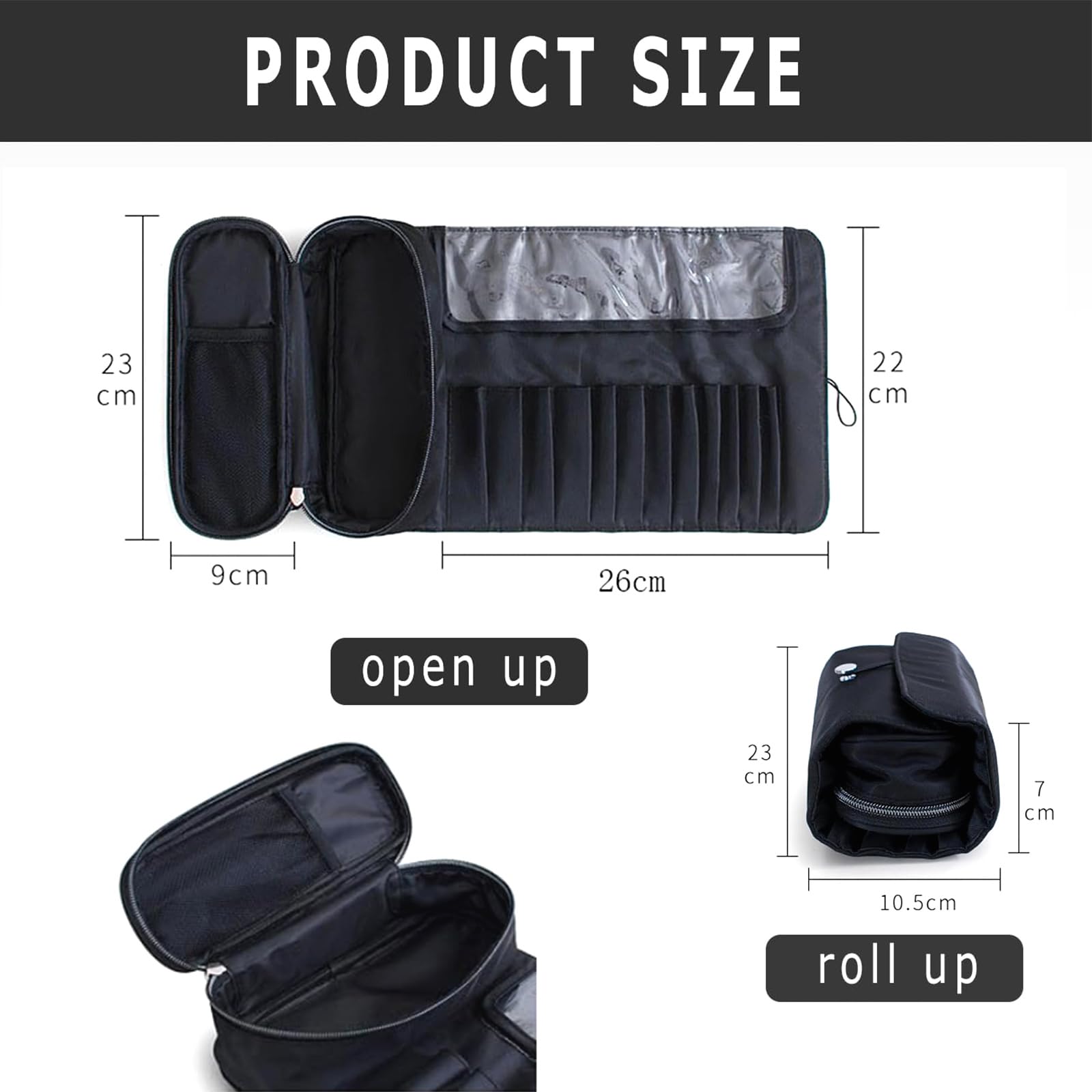 Borsa per Pennelli da Trucco Organizer con 12 Tasche Arrotolabile per Cosmetici e Truccatori, Accessorio Professionale per Donna (Nero)