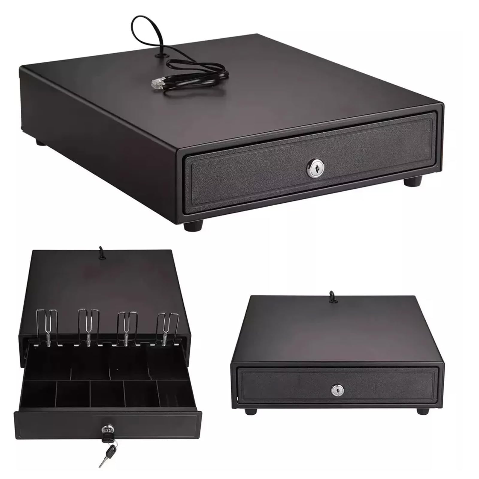 Atek Black Electronic Cash Drawer Heavy Duty Till Box With Lock 4 Bill And 5 Coin Trays Fixed Insert Compact Register Drawer For Bar Coffee Shop Restaurant And Retail