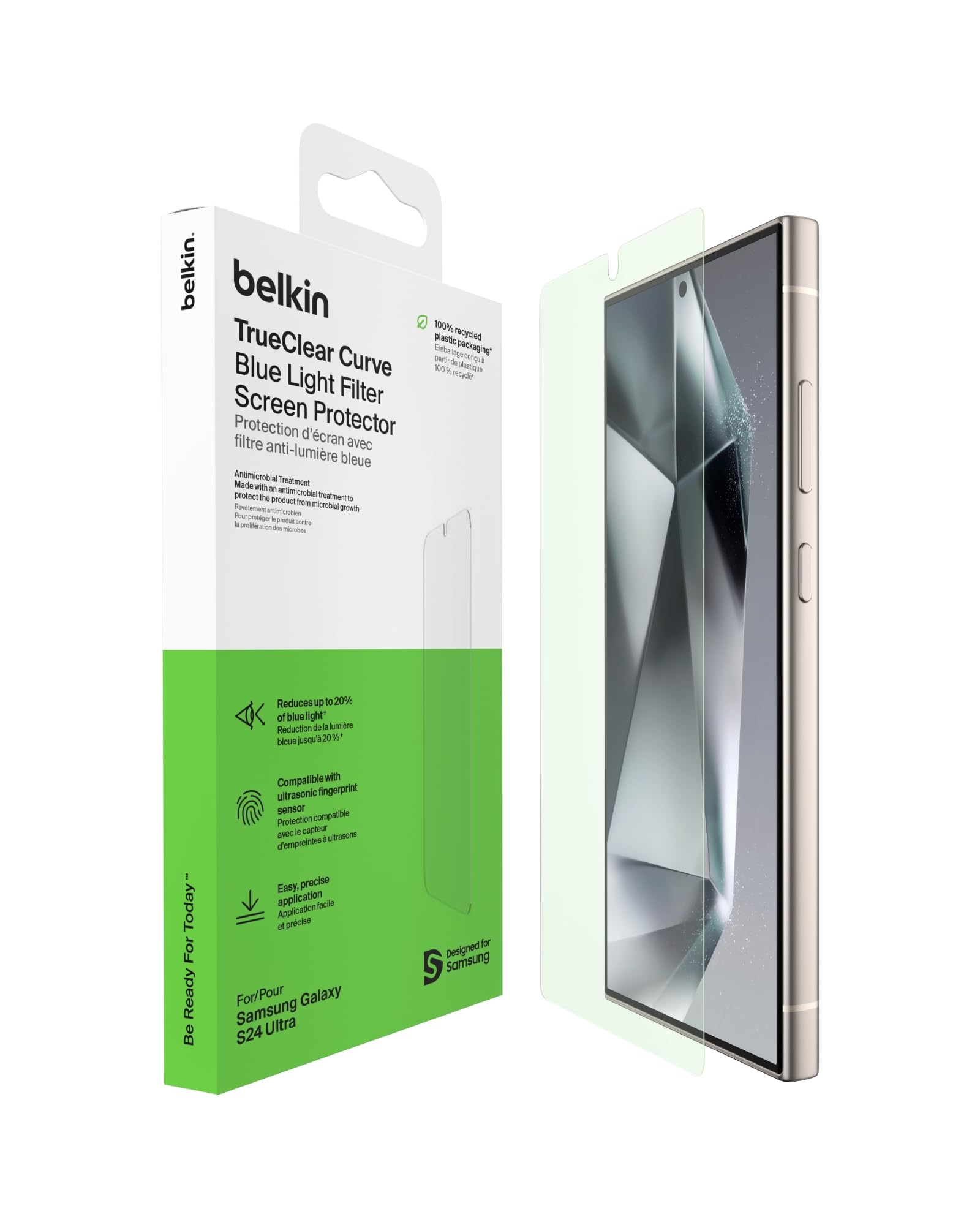 ScreenForce TrueClear Curve Blue Light Filter Samsung Galaxy S24 Ultra Screen Protector Edge-to-Edge Fit, Durable Glass, Flawless Application with Easy Align Tray for Bubble Free Application