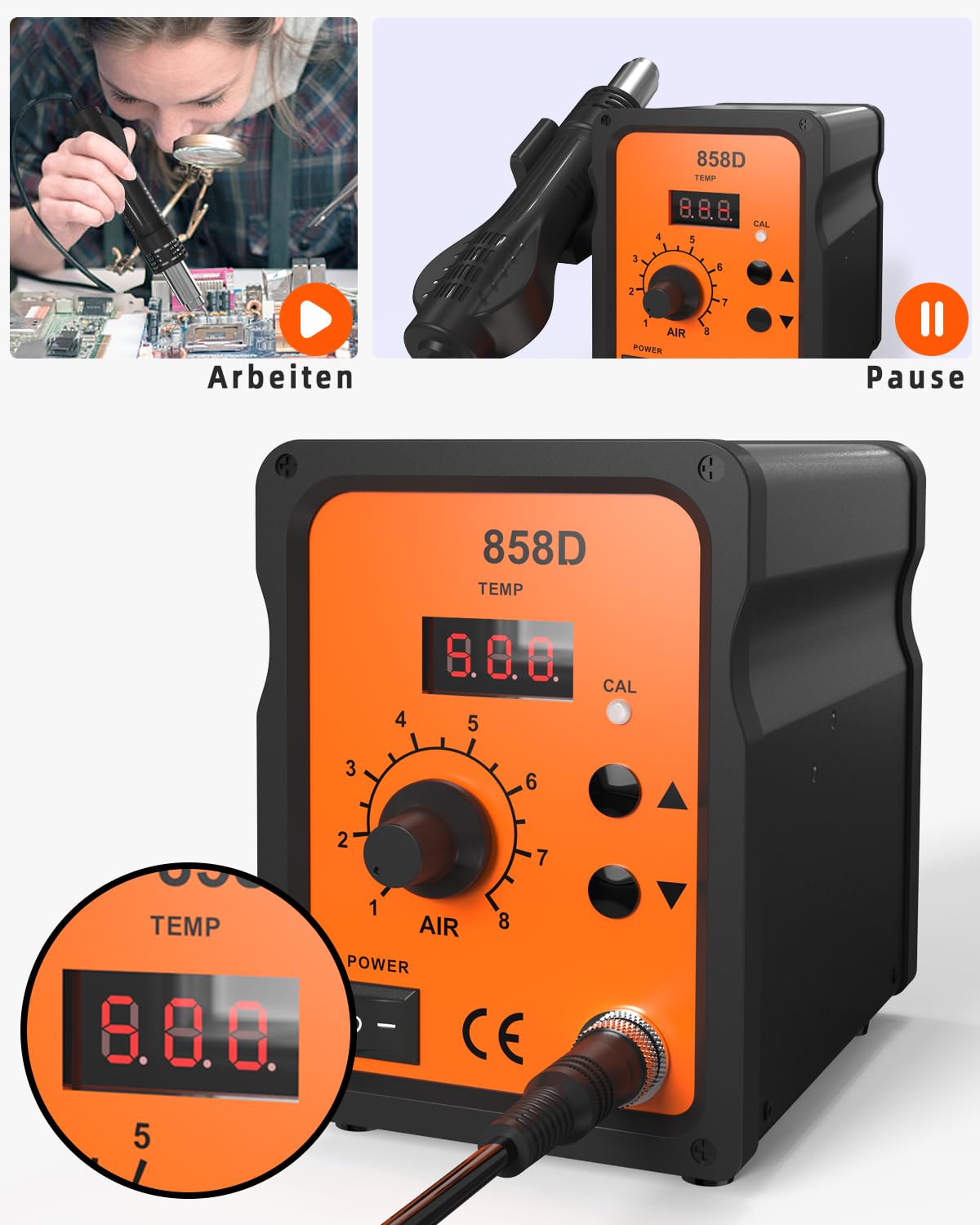 Stazione di saldatura ad aria calda 700W,858D Rework Station con Display LED 100-480°C,Stazione Saldante Aria Calda con 3 punte,2 rotoli di filo di saldatura,2 pinzette e un kit di strumenti.
