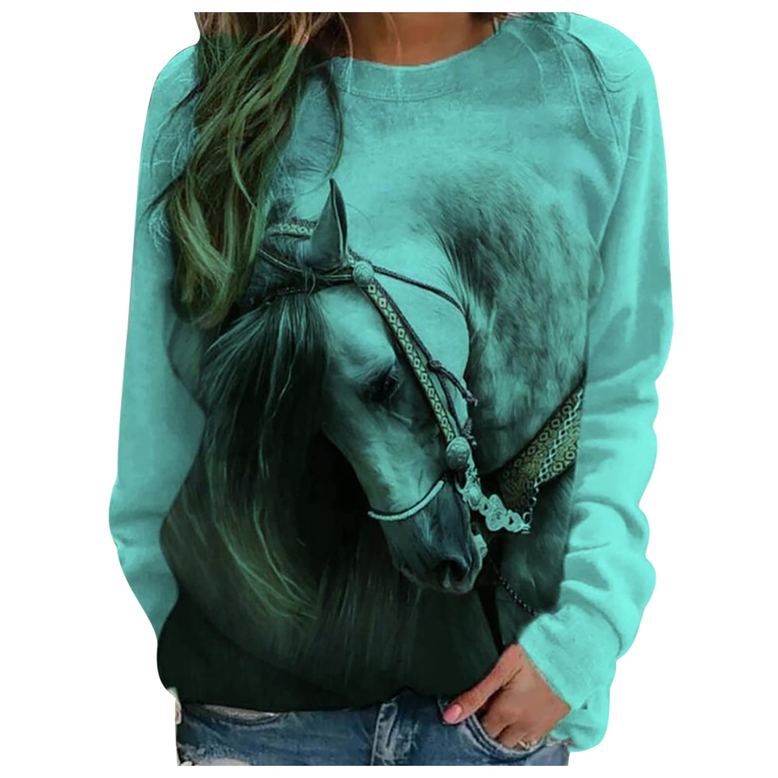 FunAloe Sweats à col rond, pour femmes, décontracté, ample, col rond, manches longues, couleur unie et cheval, doux et fin, chemisiers, hauts