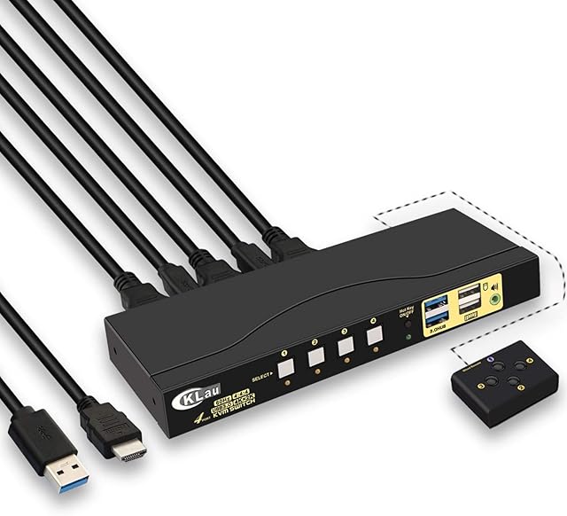 KVM Switch HDMI CKLau 4K@60Hz 4:4:4 Ultra HD 4 Port USB 3.0 HDMI KVM Switches With Cables, Hub and Audio Output Supports Wireless Keyboard Mouse