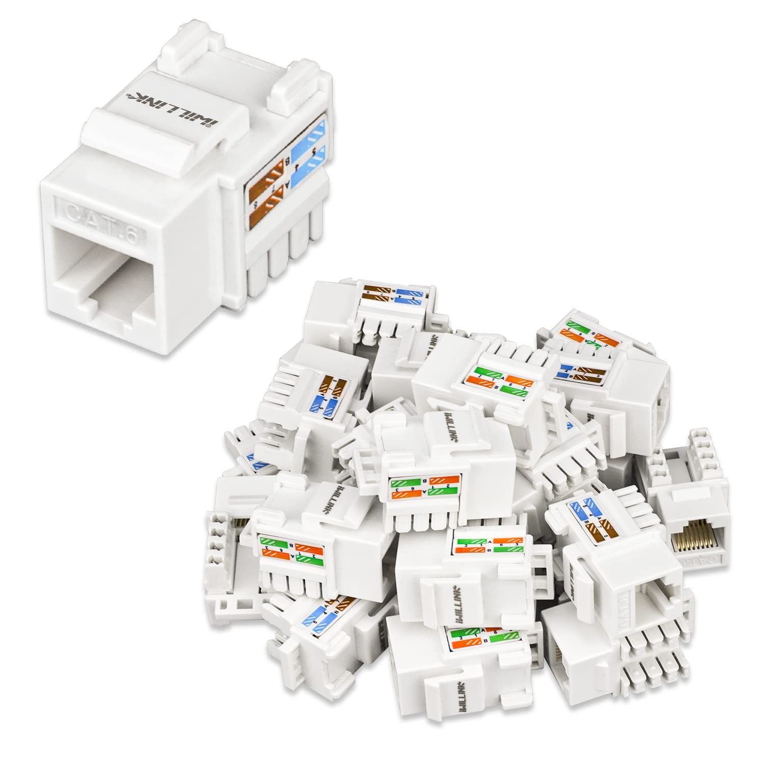 iwillink10Gbps Cat6 Keystone Jack, RJ45 Keystone Jack 25-Pack and Keystone Punch-Down Stand, UTP Modular Ethernet Jack Insert 90-Degree, Punch Down Keystone Jack Adapter, White