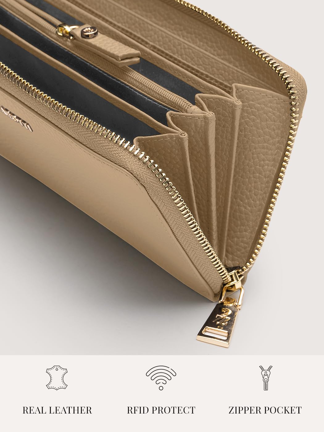 Lazarotti Bolonia - Cartera Grande de Piel para Mujer, Bolsillo Grande con Cremallera, 16 Ranuras para Tarjetas, Monedero, protección RFID, 19 x 4 x 10 cm, Arena, Talla única, Clásico