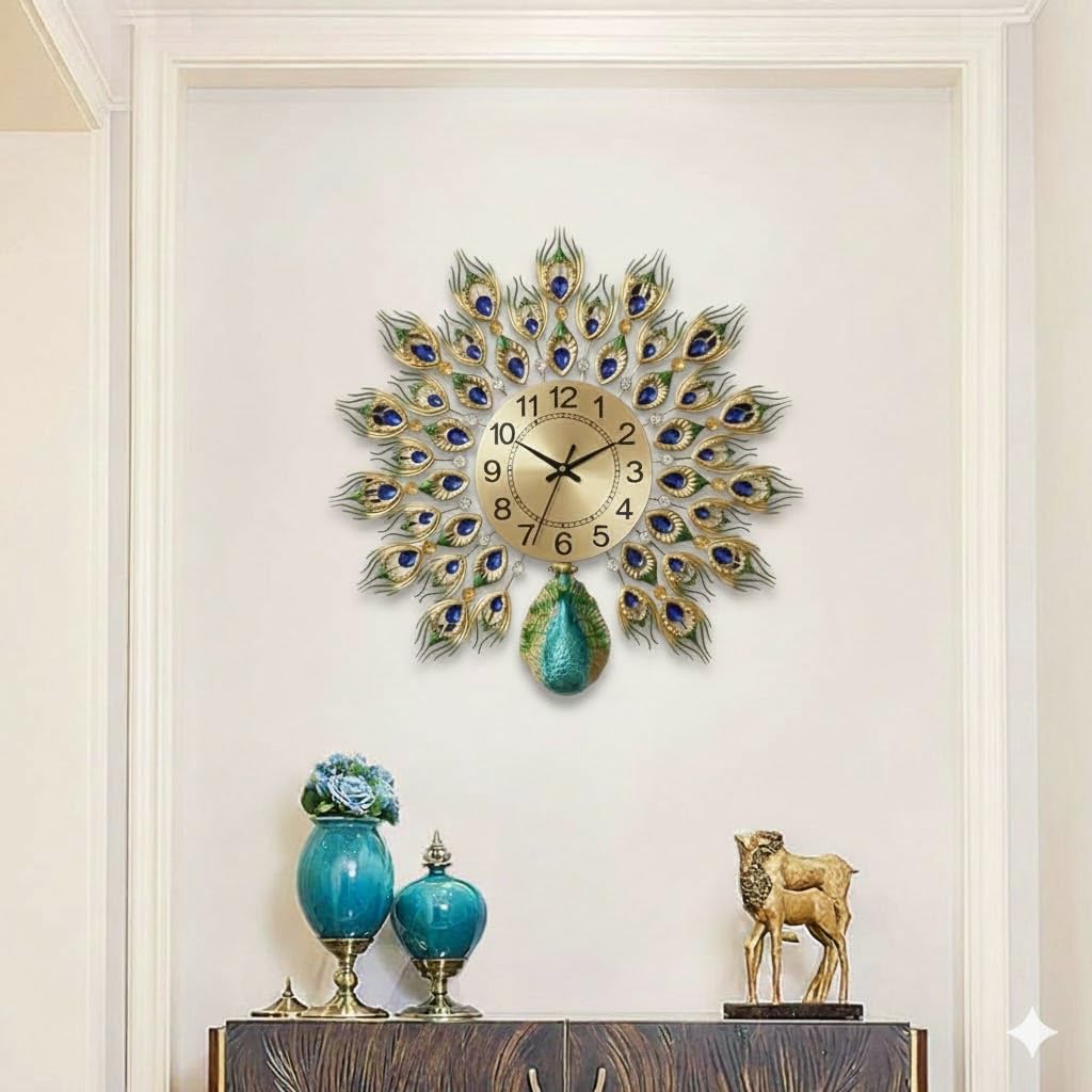 R RUNILEX Peacock European Style Luxury Living Room Analog Clock 3D Diamonds Non-Ticking Silent Creative Personality Metal Large Crystal Quartz Art Wall Decorative (Multi) (Small Peacock Clock)