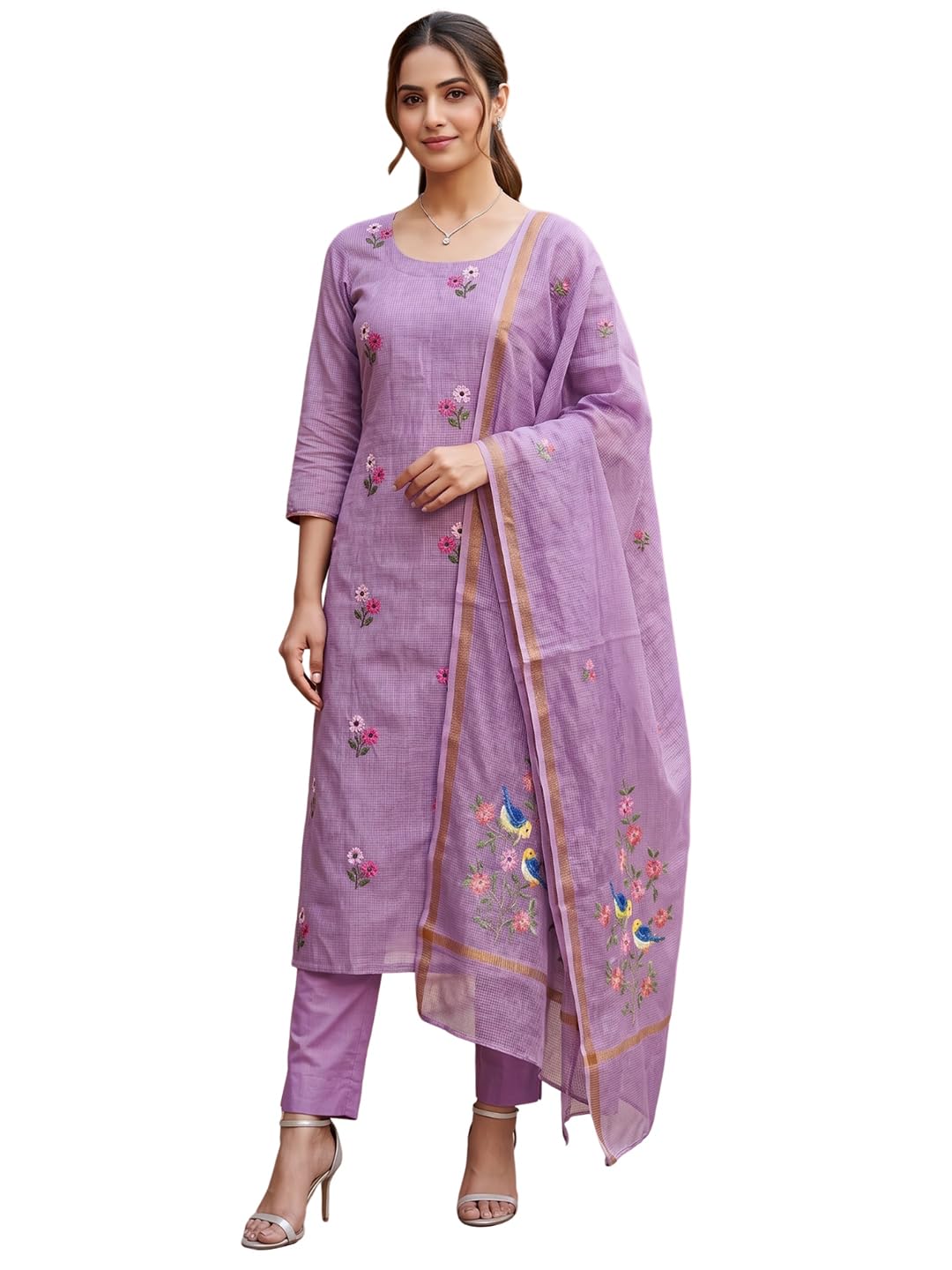 peachmode Floral Embroidered Kota Doria Unstitched Dress Material for Women | Lightweight & Comfortable Fabric, Ethnic Wear for Women-picture-29