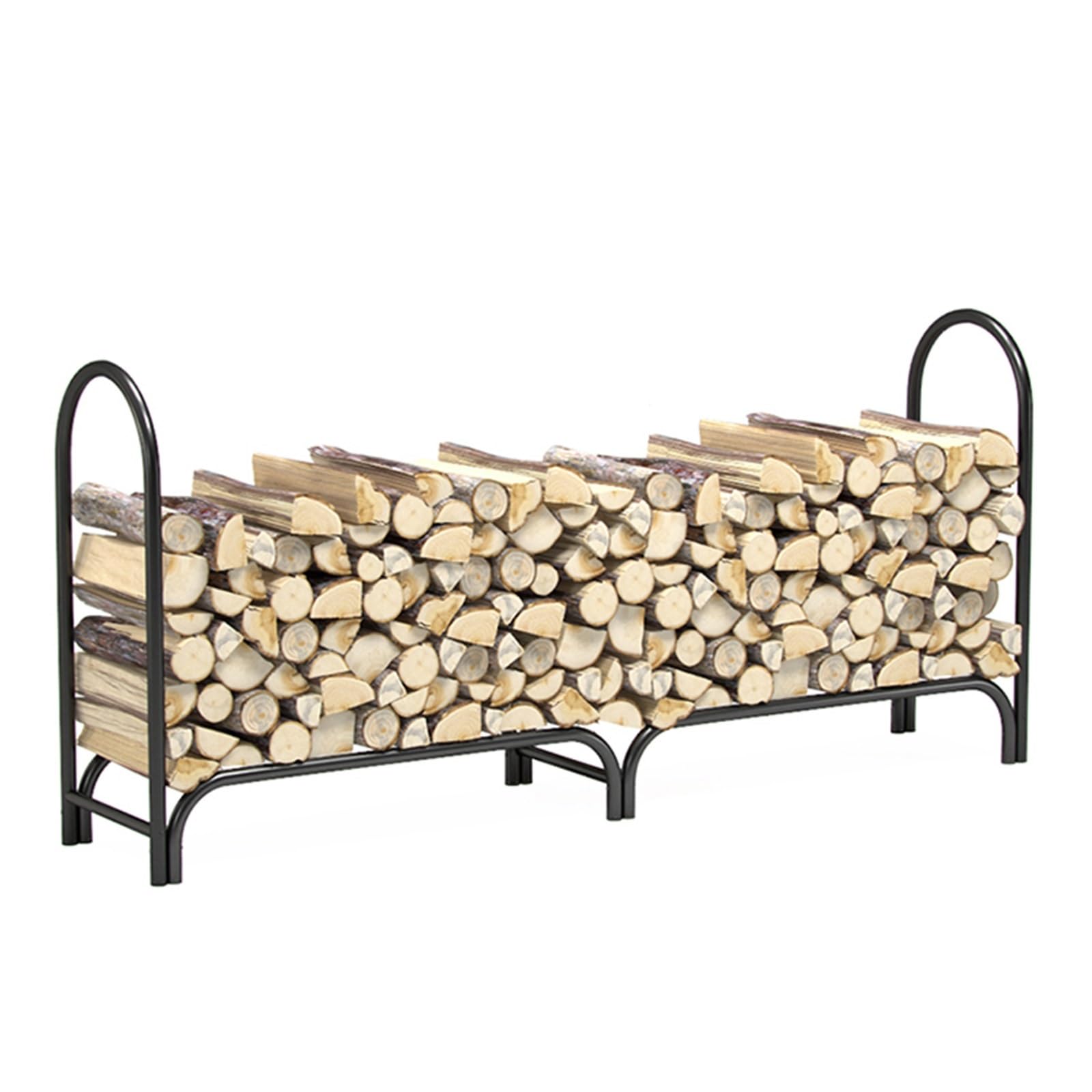 Duży, wolnostojący stojak na drewno opałowe z czarnego żelaza do ogrodu, na taras, werandę, balkon – idealny jako opcja przechowywania drewna budowlanego.