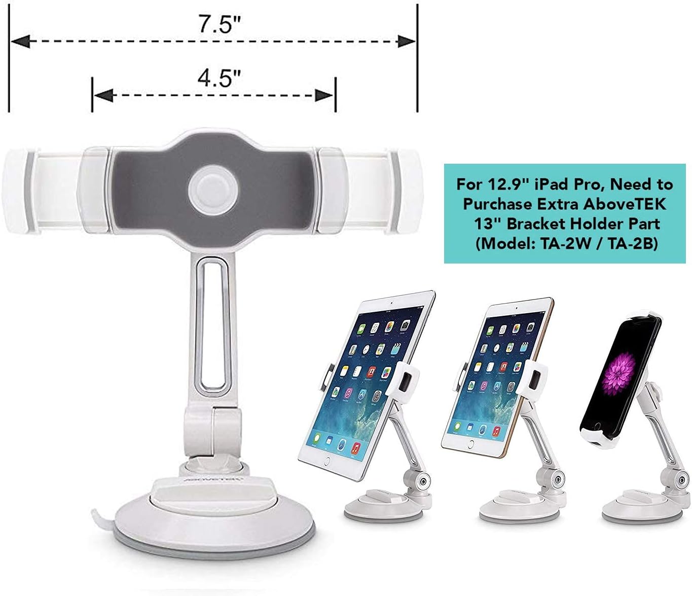 AboveTEK Long Arm Aluminum Tablet Stand Fits 4-11" Display Tablet/Phones, Phone Tablet Stand Holder with Suction Cup Fits 4-11”, Tablet Holder for Kitchen Table Bedside Office POS Kiosk Reception
