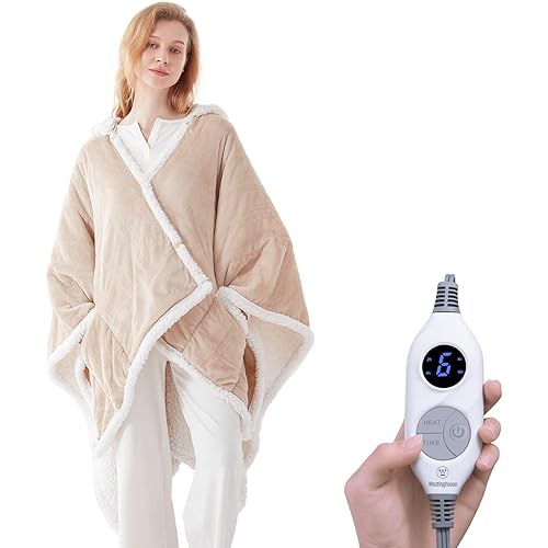 Westinghouse Wearable Heated Throw Blanket, Electric Heated Wrap Poncho Shawl with Pockets, 6 Heating Levels & 2 to 10 Hours Time Settings, 50 x 60 Inch, Beige