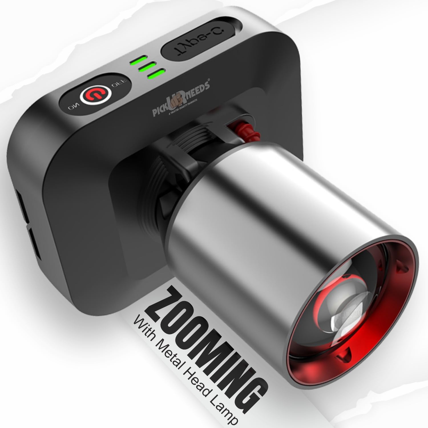 Pick Ur Needs Rechargeable Aluminium Body Head Lamp with 3 Mode LED Zooming Head 3600mAh Long Battery Backup 5 hrs Headlamp Torch Emergency Light (Silver)