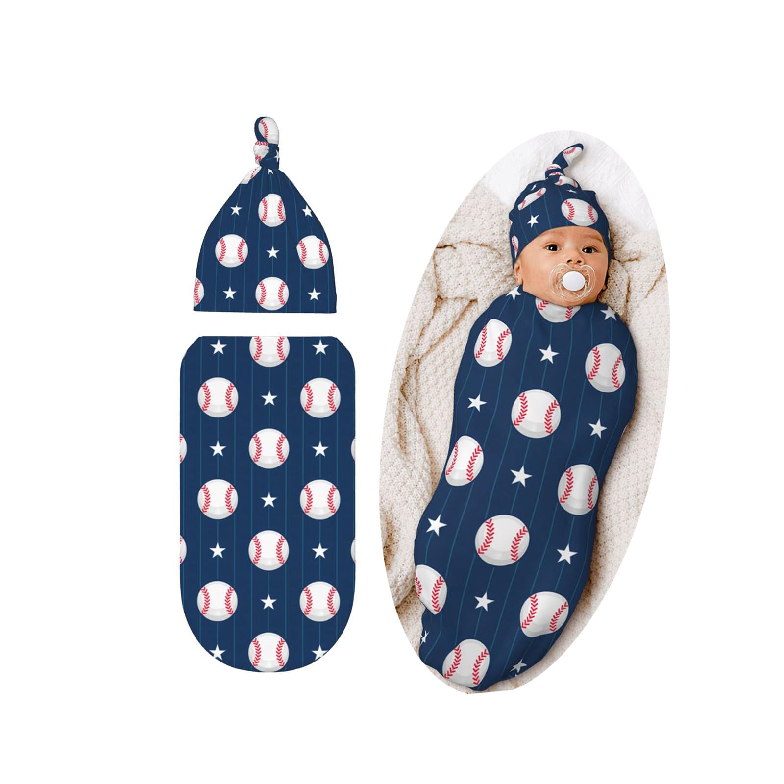Lcokin Cute Baseball Print Baby Stuff Swaddle Blanket Hat Set for Boys Girls Shower Gift