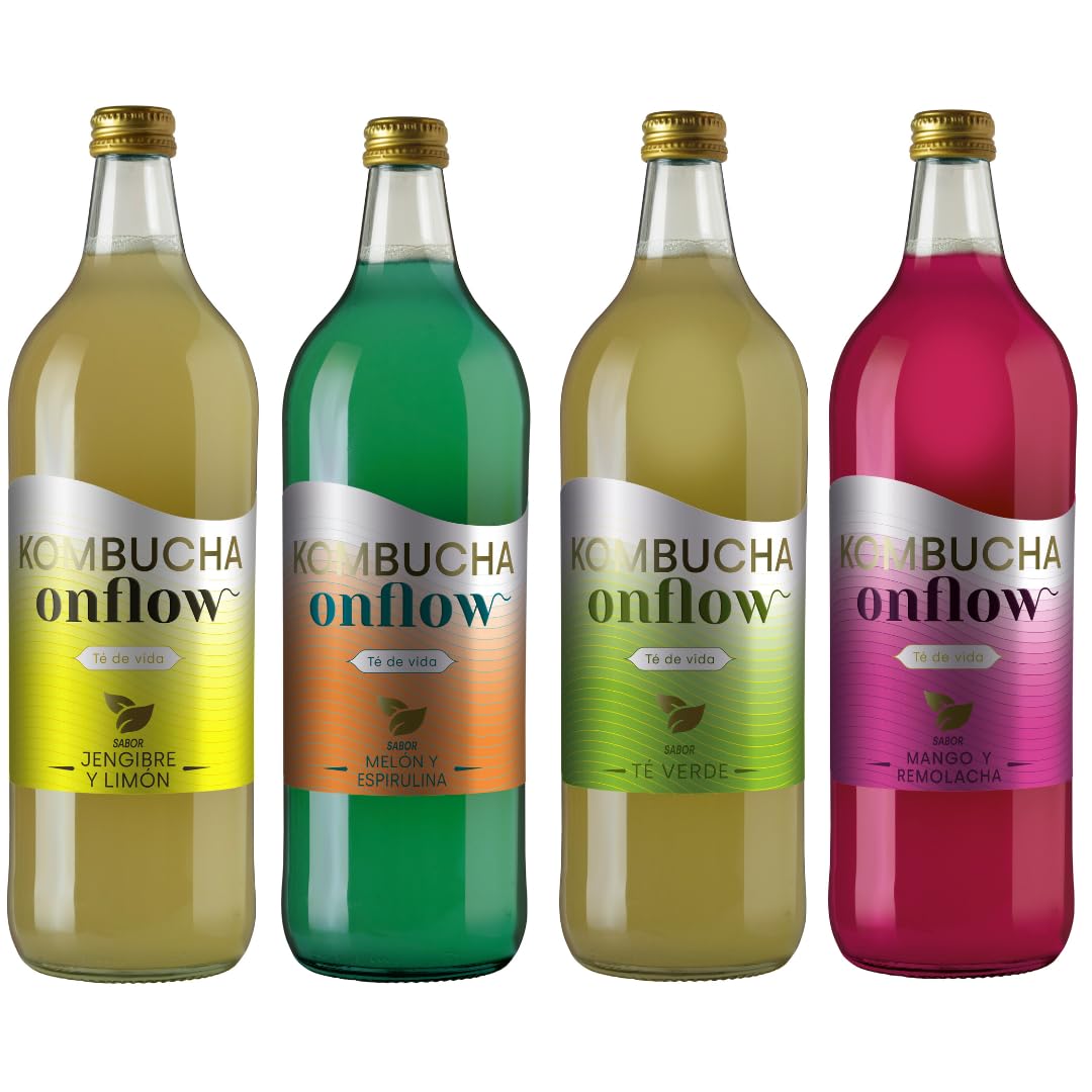 Kombucha Natural Onflow Sin Azúcar Pack 4 Botellas 1L Sabores Jenjibre-Limón Té Verde Mango-Remolacha Melón-Espirulina