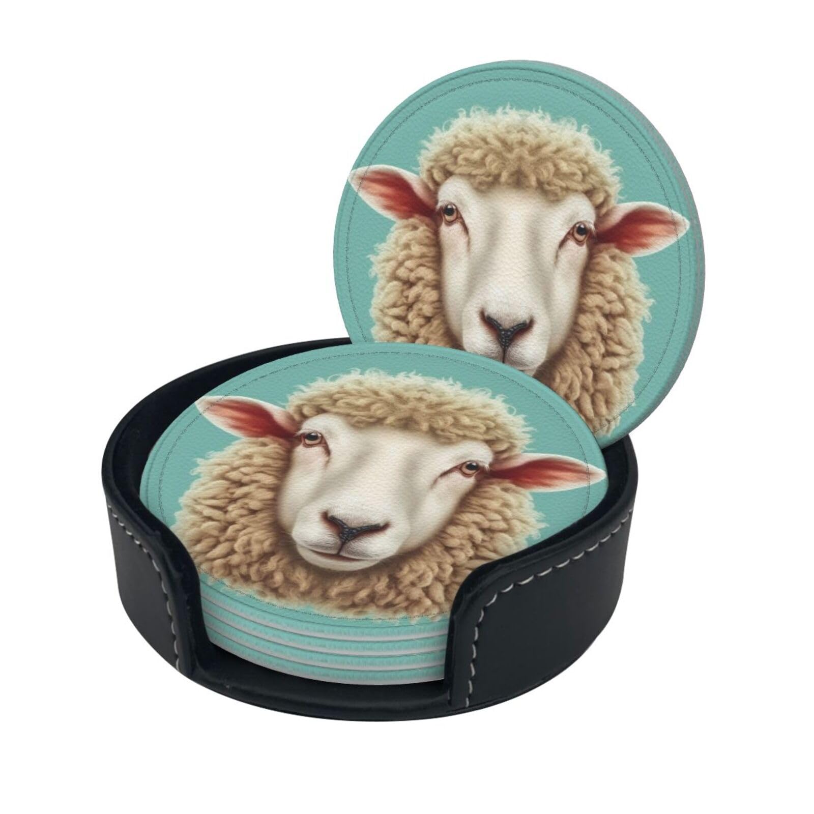 Stylish Coasters - Sheep Head Retro Animal Set of 6 Round Leather Drink Coasters with Holder - Perfect Size for Cups and Glasses