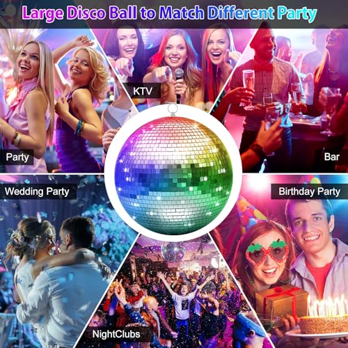 16 Inch Large Mirror Disco Ball Decor, Rotating Hanging Disco Ball for Outdoor DJ Club Party, Weddings, Holiday Decor, Mirror Ball with Hanging Ring