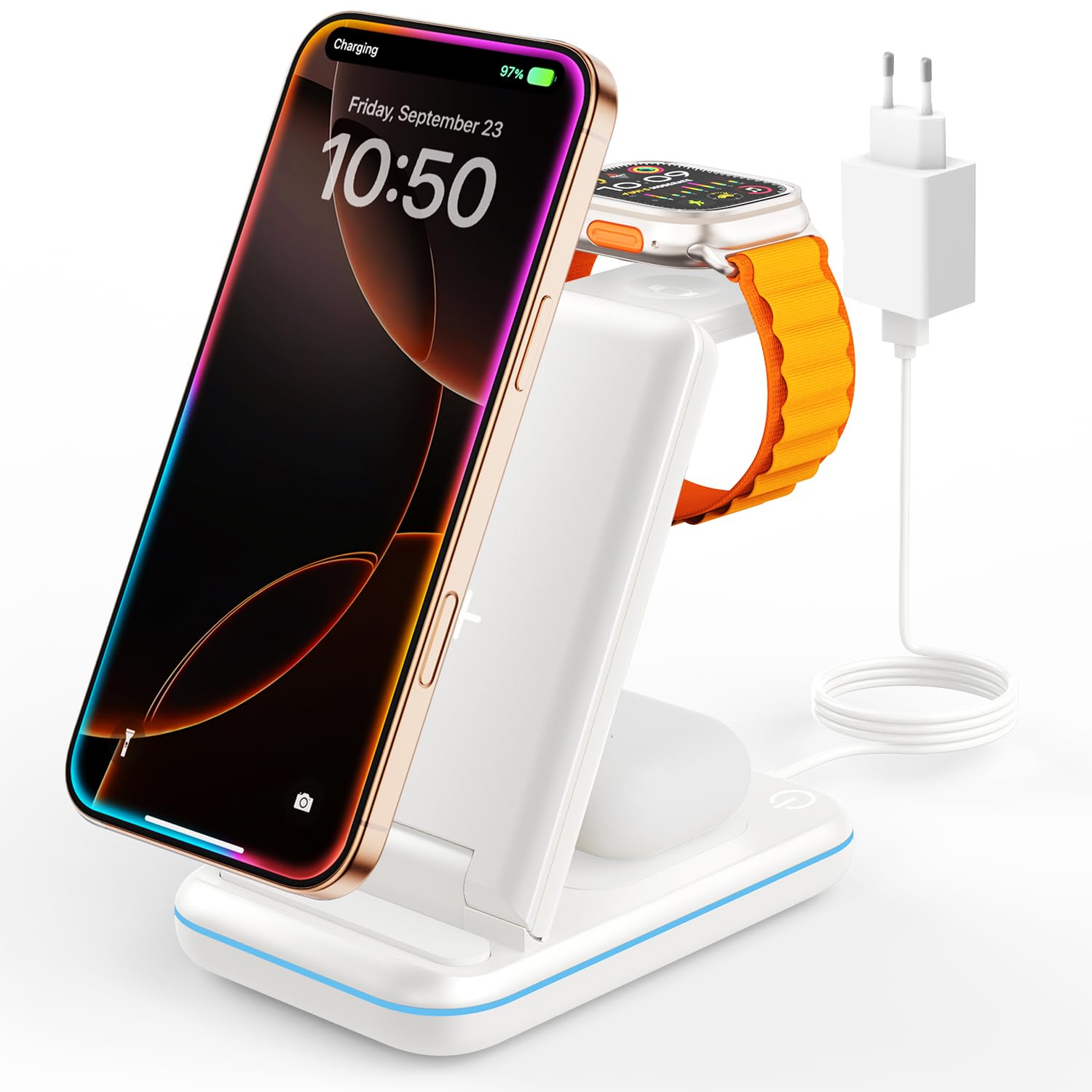 JoyGeek Chargeur inductif 3 en 1 pour iPhone - Chargeur sans fil pour iPhone Air/17/16/15/14, chargeur sans fil pliable pour iWatch 11/10/9/Ultra/SE/8/7/6, station de charge de téléphone pour AirPods