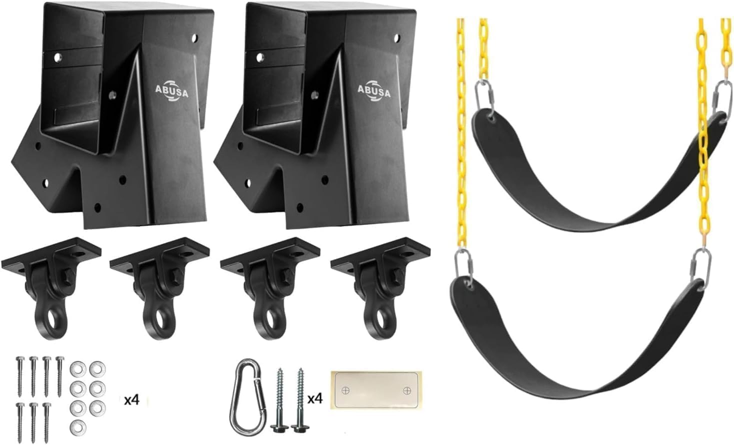 ABUSA Heavy Duty Children Swing Set Hardware Replacement Kit Including 2 Swing Brackets 4 Swing Hangers 2 Black Swing Seats for Outdoor Play Sets Playground Equipment Parts Hardware Included (H2SB)