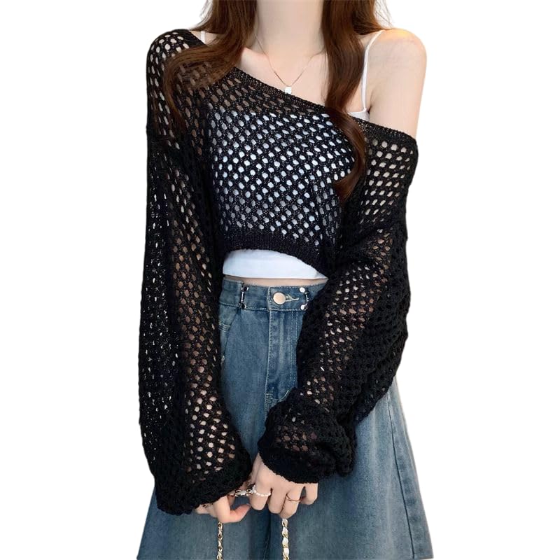 Crochet Knit Off-Shoulder Crop Sweater Top, Long Sleeve Openwork Design Top for Women