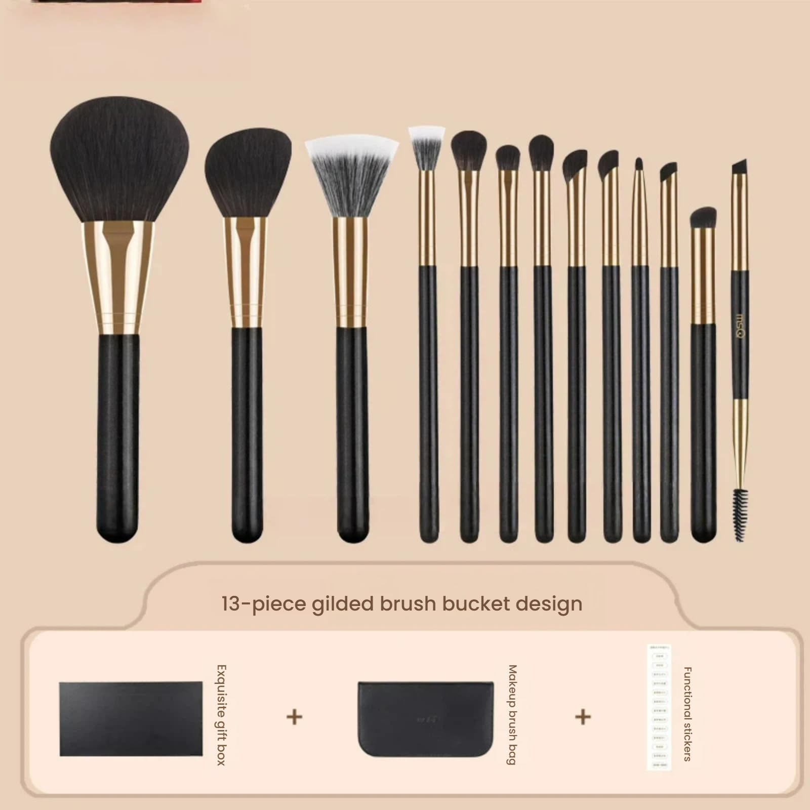 Make-up-Pinsel-Set, 13-teilig, hochwertige synthetische Schwarzgold-Pinsel für Gesicht und Augen, komplettes Set mit Aufbewahrungstasche für Foundation, Lidschatten, Kontur