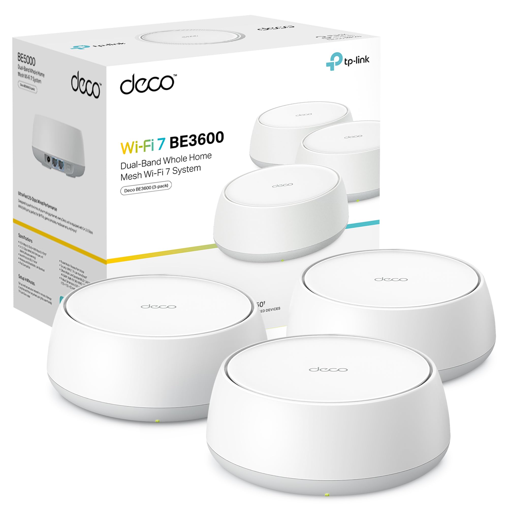 TP-Link Deco BE3600 (3-Pack) - WiFi 7 Mesh Tri-Band Up to 6.6Gbps, Wide Coverage for Whole Home, 2.5G Port, Ideal for 8K Streaming, Gaming and Stable Connection with AI Mesh