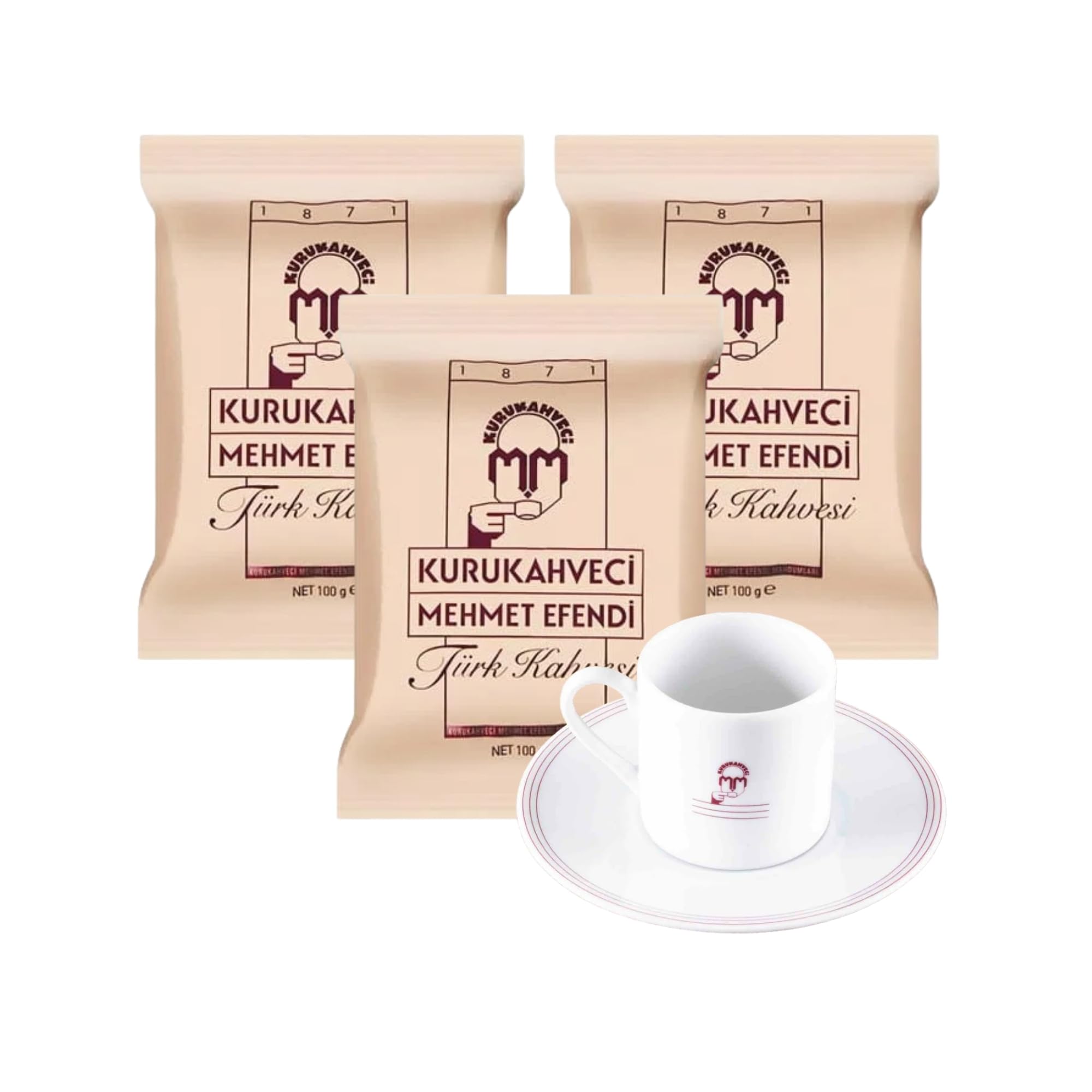 Kurukahveci Mehmet EfendiTurkish Coffee SET, Arabica Beans, Roasted Ground,Rich Aroma, Fresh, Medium to Heavy-bodied, Original Taste Since 1871 (3.52 OZ / 100 Gr) Pack of 3 with Coffee Mug