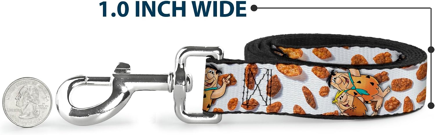 The Flintstones Pet Leash, Dog Leash, Cocoa Pebbles Fred and Barney Pose and Cereal Pebbles White, 6 Feet Long 1.0 Inch Wide