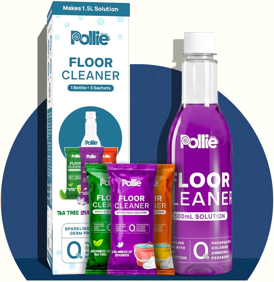 Pollie Floor Cleaner 1.5L | Multipurpose Surface Cleaner Bathroom, Tile, Marble | Kills 99.9% Germs, Eco-Friendly, Non-Toxic Formula | 1 Sachet Makes 500mL | Orange, Lavender, Tea Tree