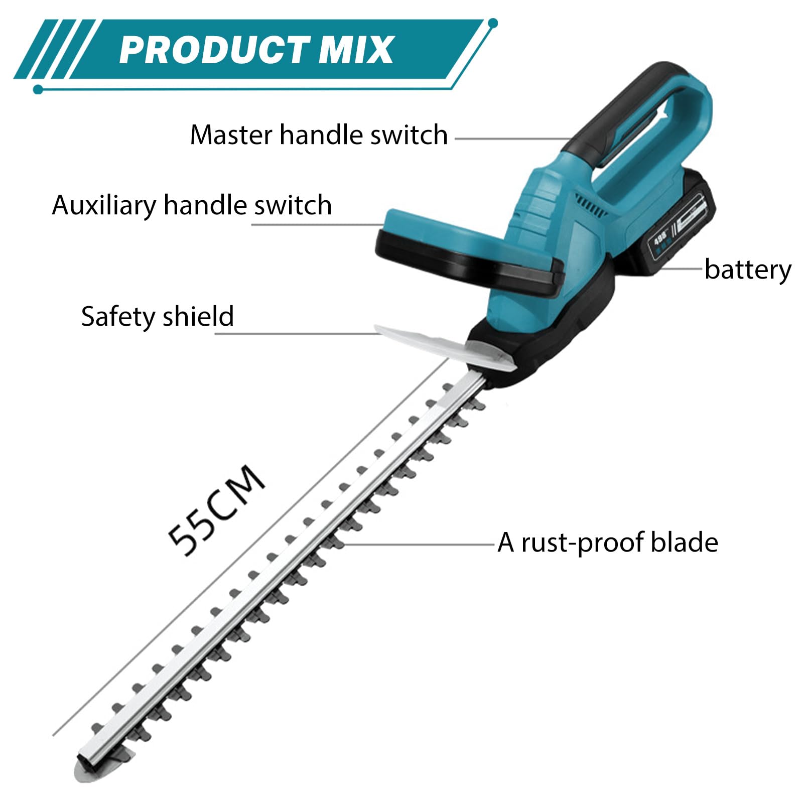 Cortasetos Batería,Corta Setos Jardín Eléctrico,Motor Sin Escobillas,Velocidad De 1350 RPM,Longitud De Cuchilla De 55 Cm,Ideal para Desherbar,Podar Árboles Y Arbustos (2 Baterías)