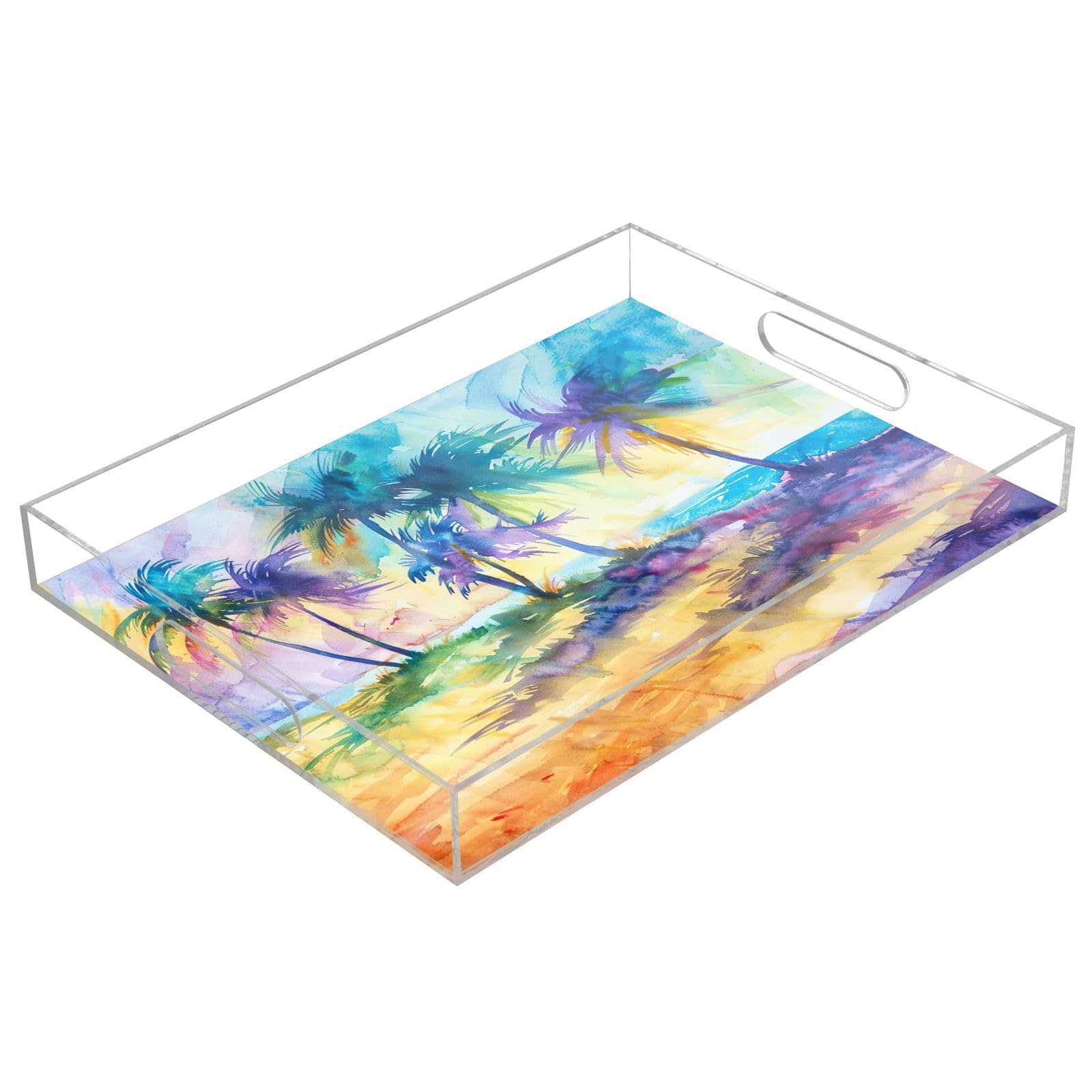 BOESI Watercolour Palm Tree and Sea Pattern Acrylic Decorative Dining Tray, Acrylic Decorative Tray Organizer with Handle for Kitchen, Dining Room, Bathroom, Dresser