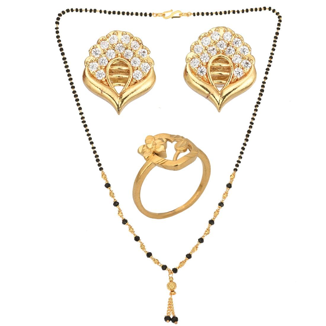 Gold Plating Jewelry Set: Elegant Short Mangalsutra, Ring, and AD American Diamond Earrings Set - Stylish Accessories for Women and Girls-image-7